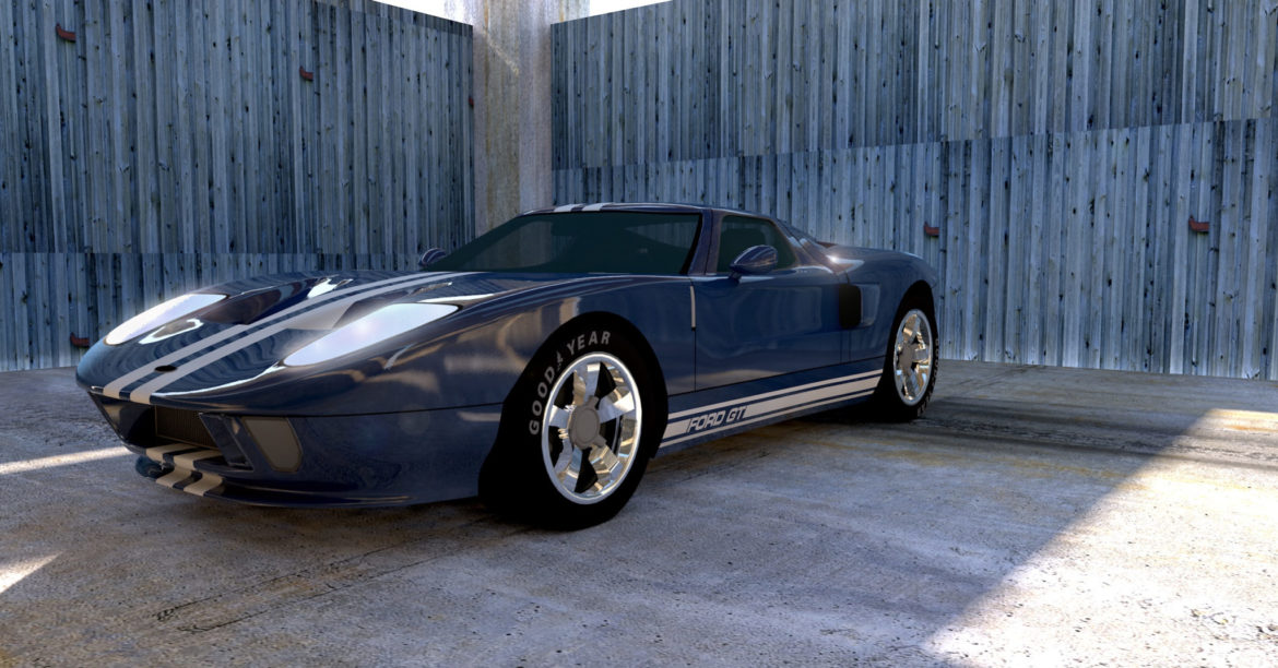Blue Ford GT in parking garage