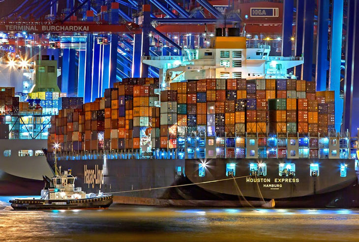 A loaded container ship used for international freight shipping.