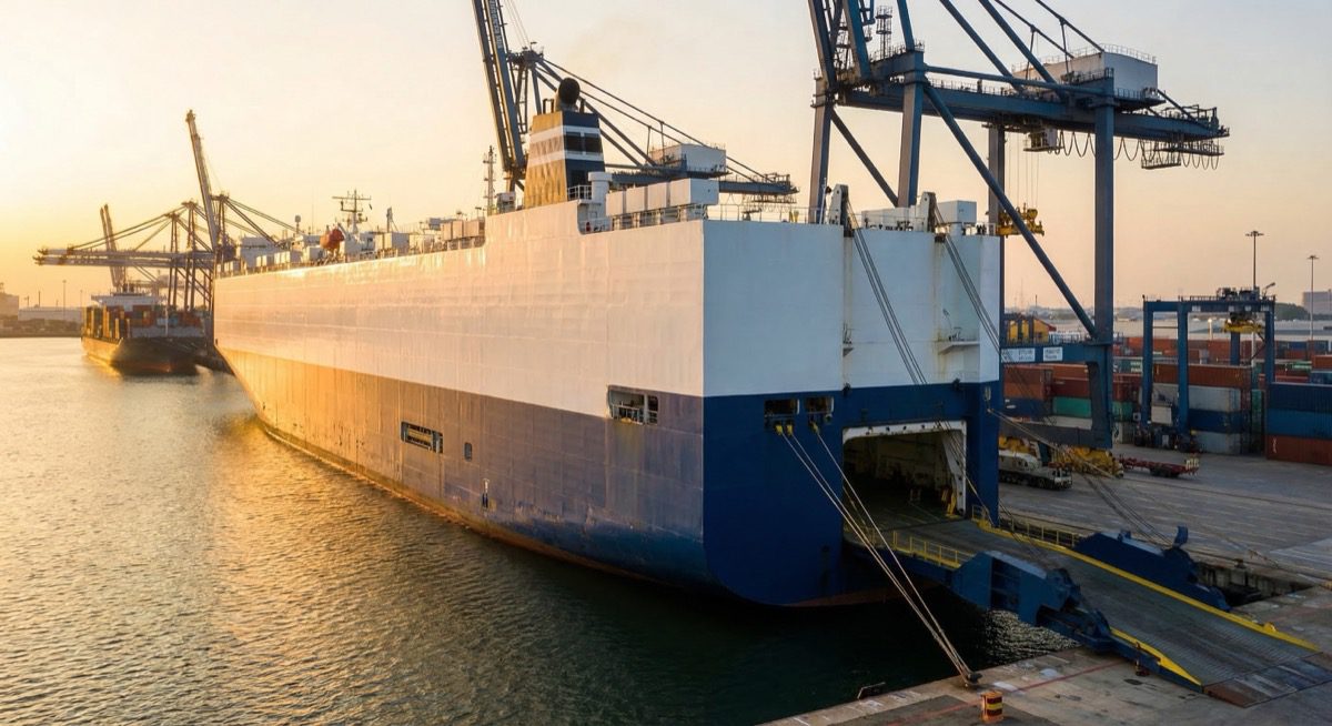 RoRo vehicle carrier ship at port — ocean carrier fuel surcharges effective April 2026