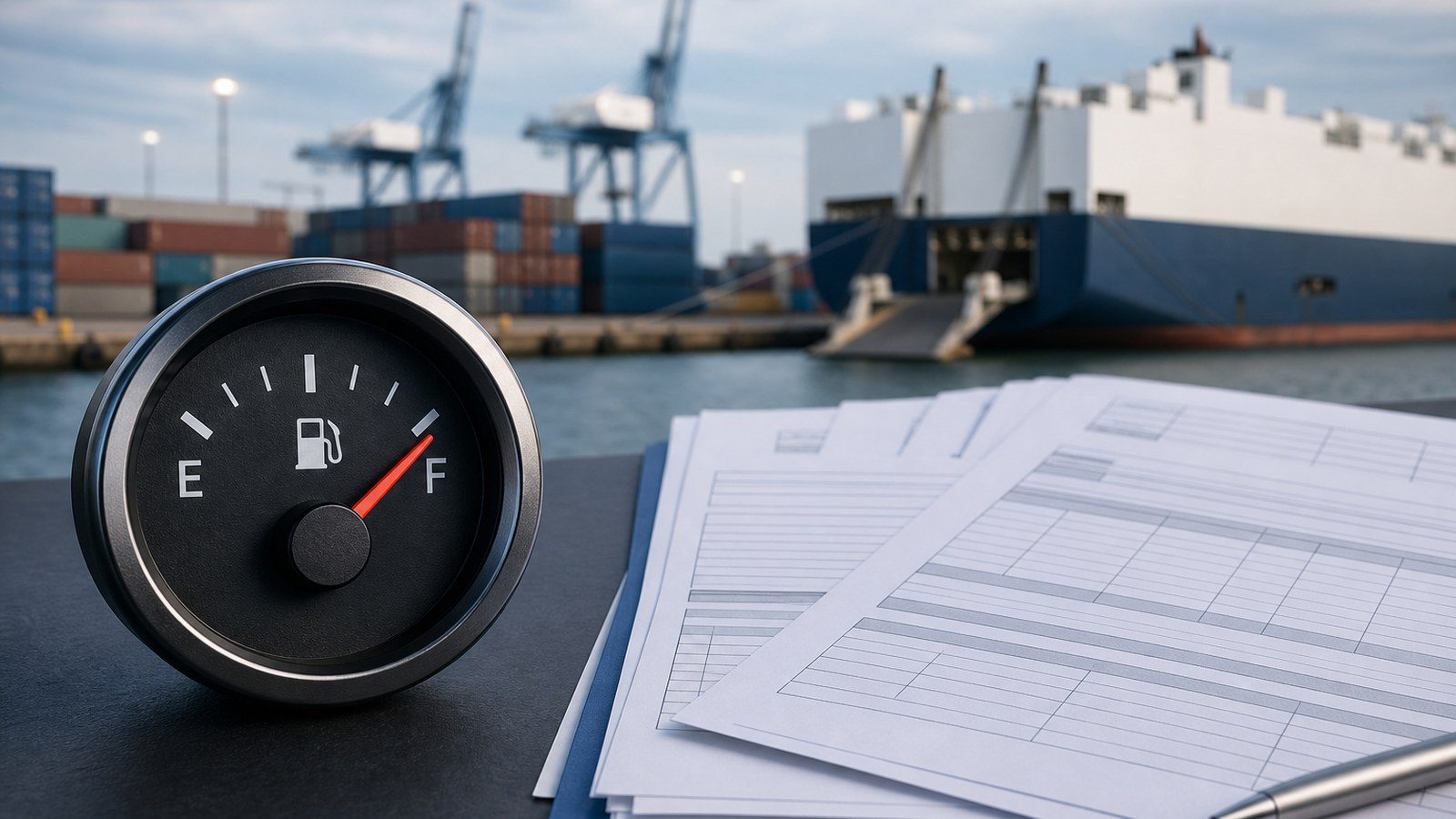 Fuel gauge and shipping documents representing fuel surcharge and BAF updates