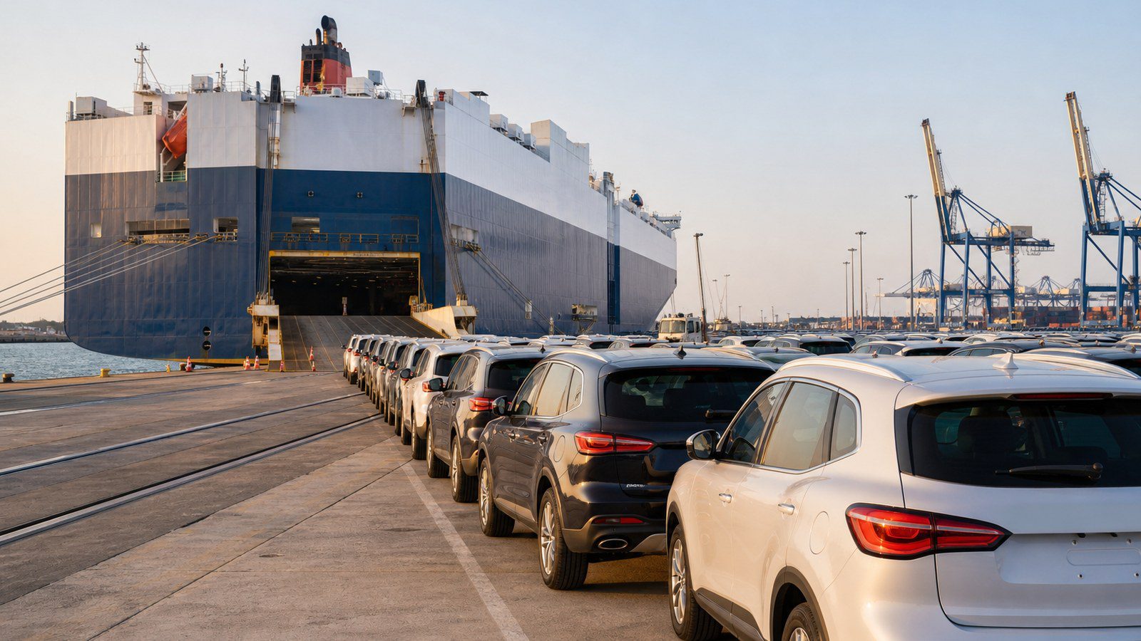 Vehicles lined up at port for international RoRo shipping