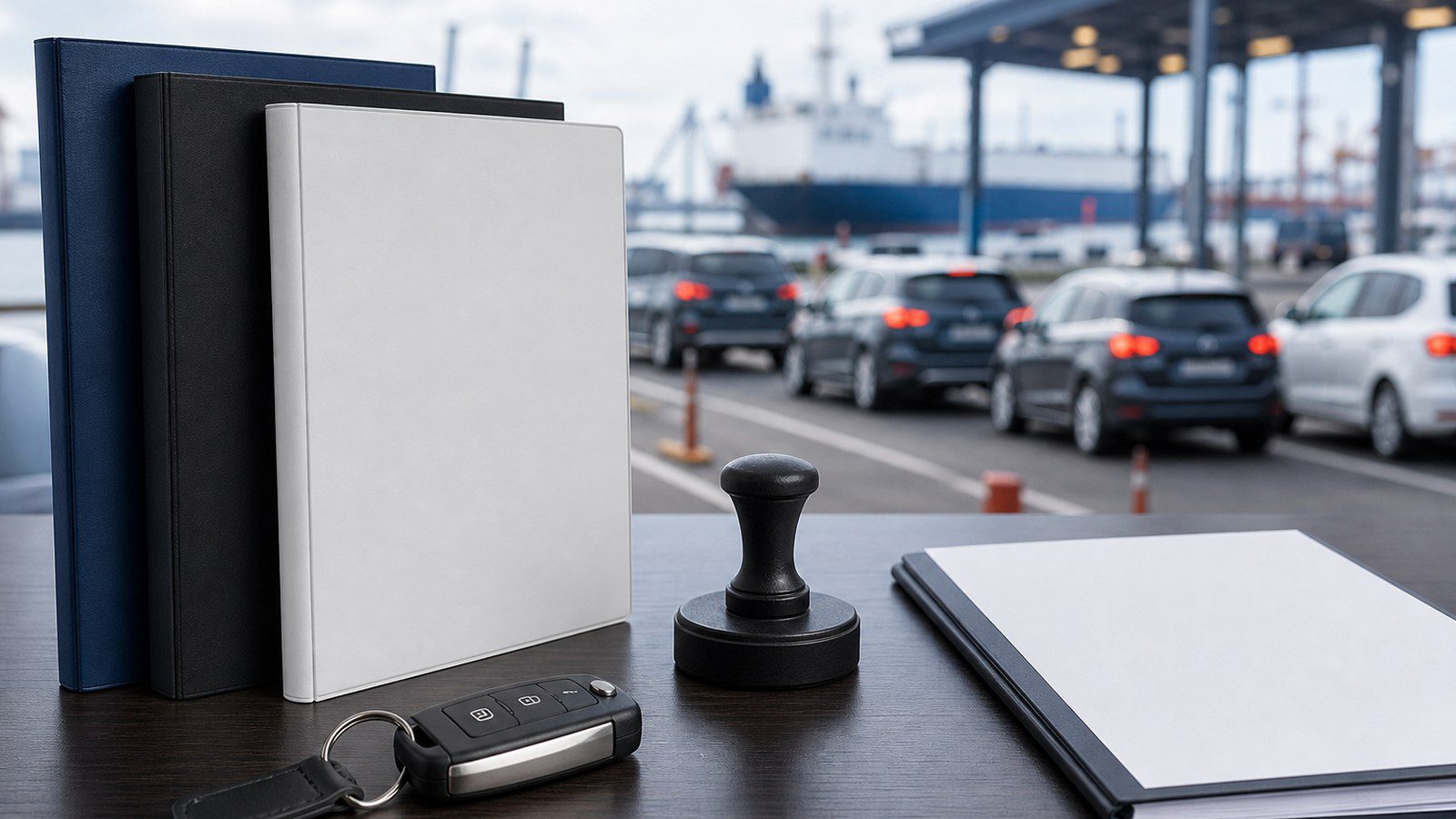 Car key and blank import folders representing Germany vehicle import documents and inspection planning