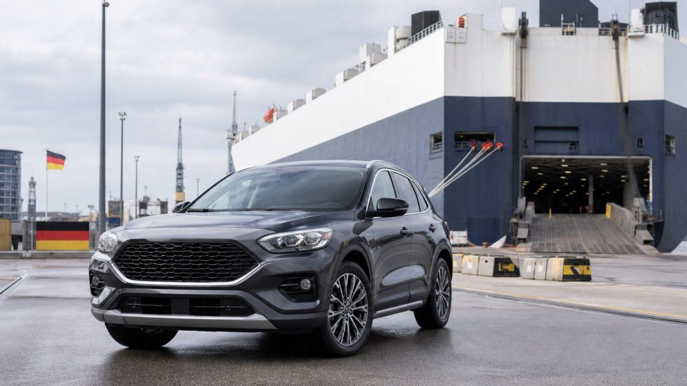 Vehicle at a German port terminal for international import shipping
