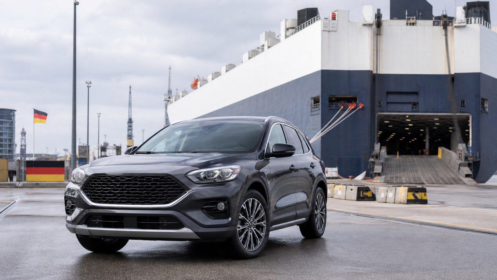 Vehicle at a German port terminal for international import shipping