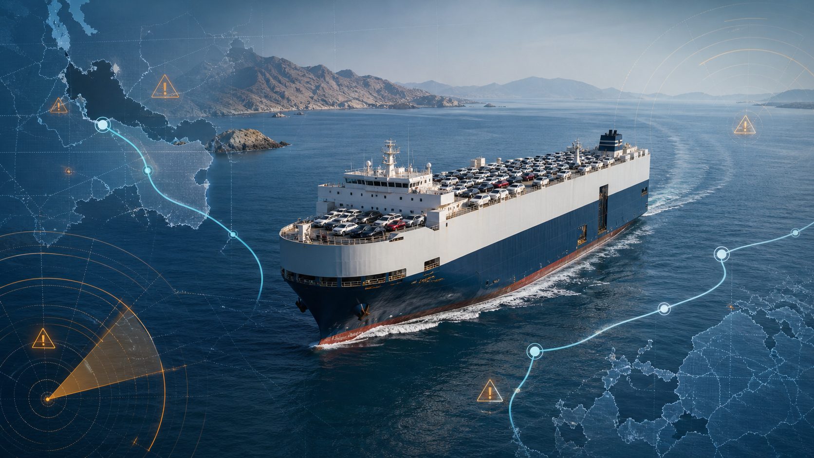 International vehicle shipping route risk near the Strait of Hormuz