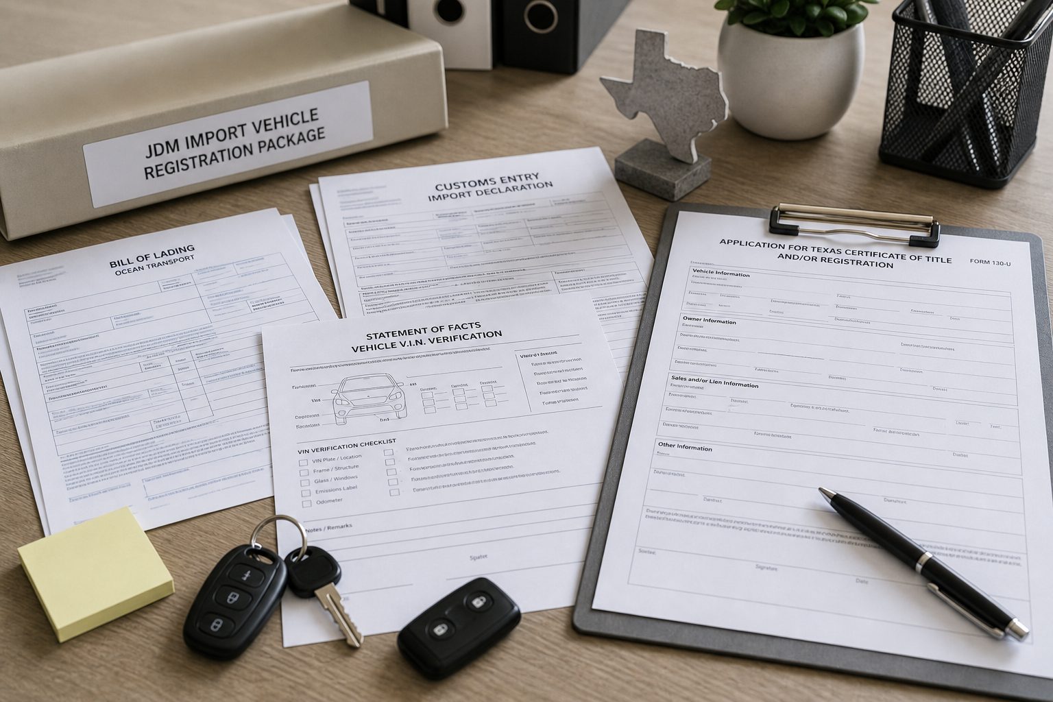 Texas JDM import shipping documents, Customs entry paperwork, VTR-68-A VIN inspection, and registration planning checklist