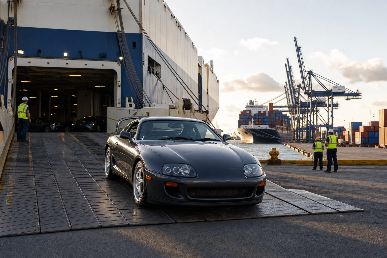 Right-hand-drive JDM vehicle arriving at a Texas Gulf port for international vehicle shipping