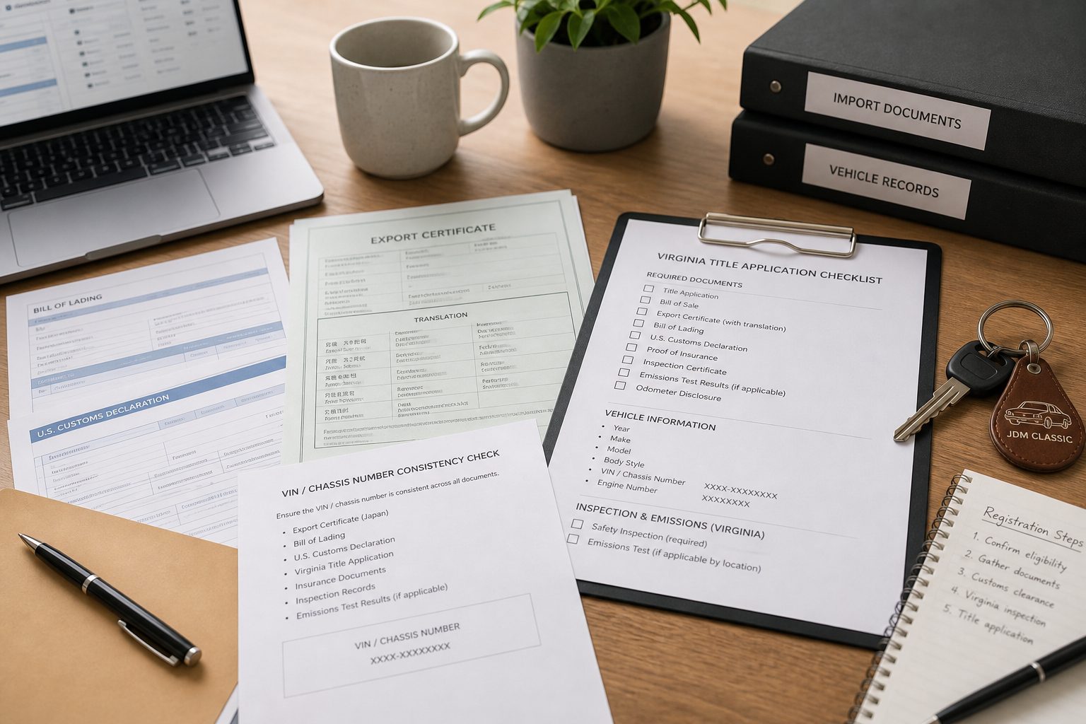 Virginia JDM import shipping documents, Customs release paperwork, title checklist, inspection notes, and registration planning