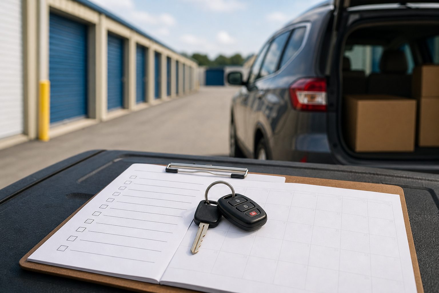 PCS second vehicle decision checklist with car keys storage and moving calendar