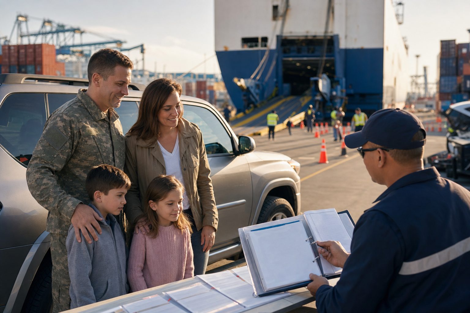Military PCS family preparing documents for last-minute overseas vehicle shipping