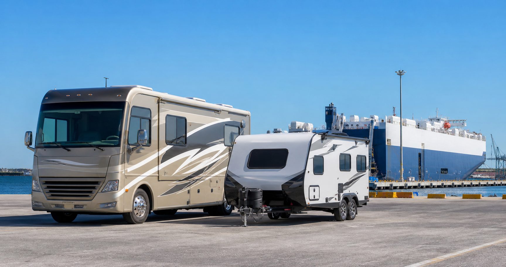 RV and travel trailer near a seaport terminal for overseas shipping