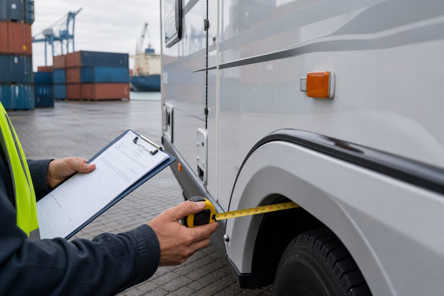 Travel trailer measurements and overseas shipping preparation at a port terminal