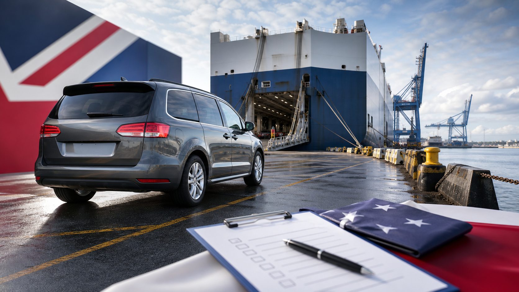 U.S.-spec vehicle at a UK port terminal for PCS and private vehicle import planning