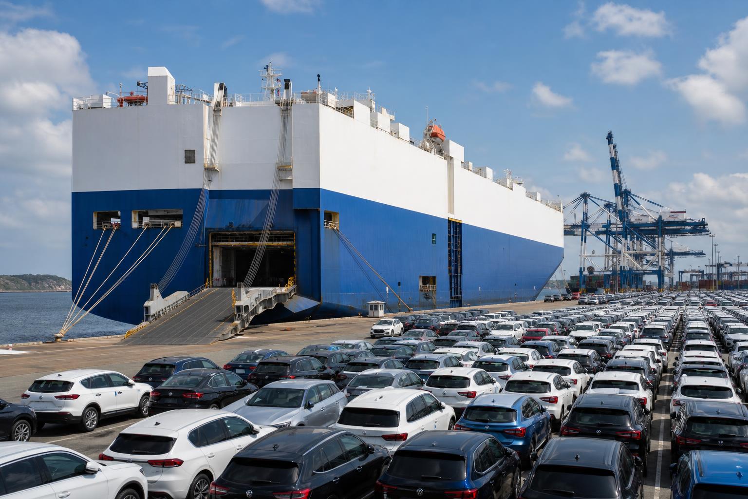 PCTC RoRo vehicle carrier at an ocean terminal with export vehicles