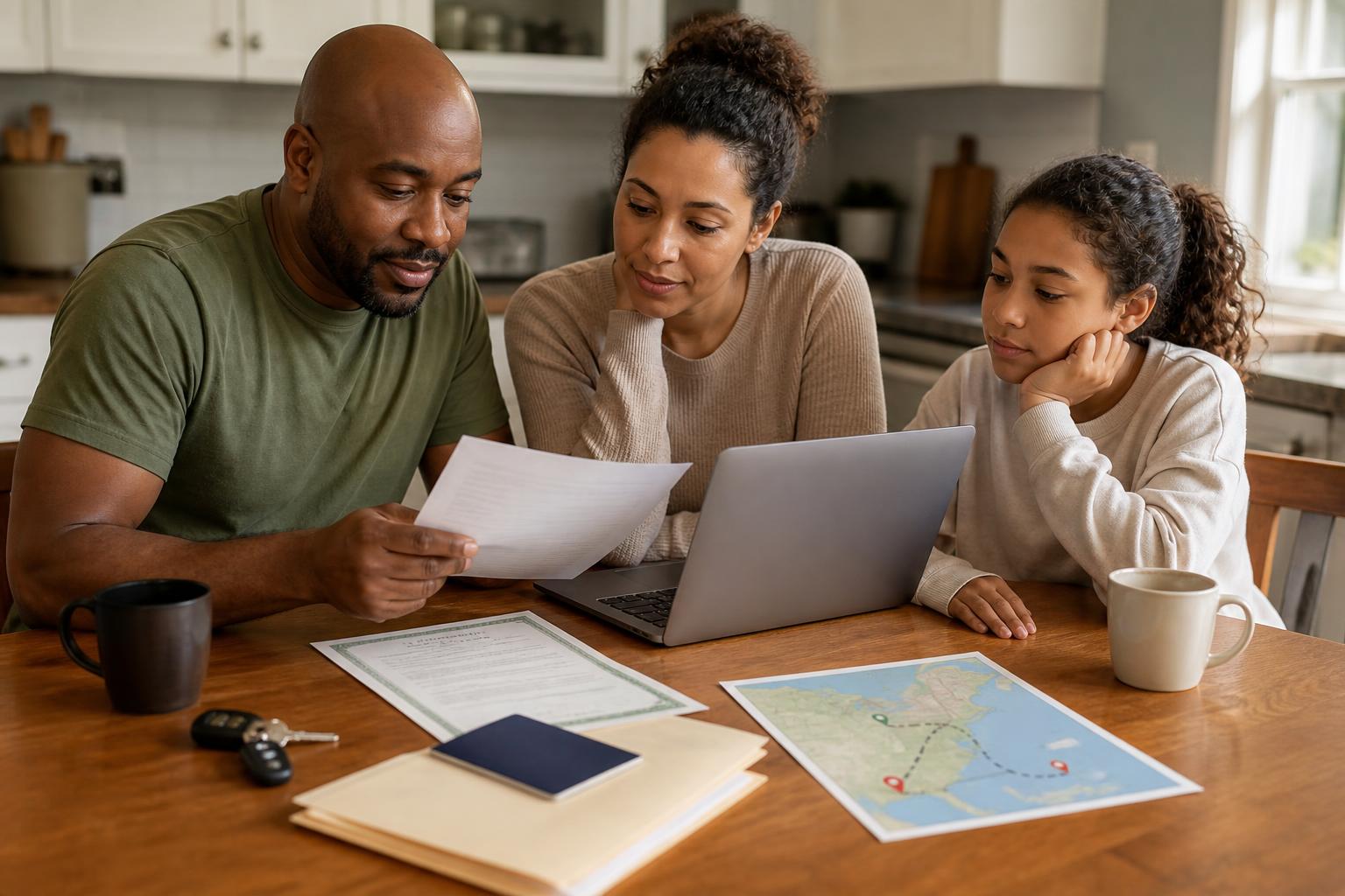 Military PCS family reviewing vehicle shipping documents before booking