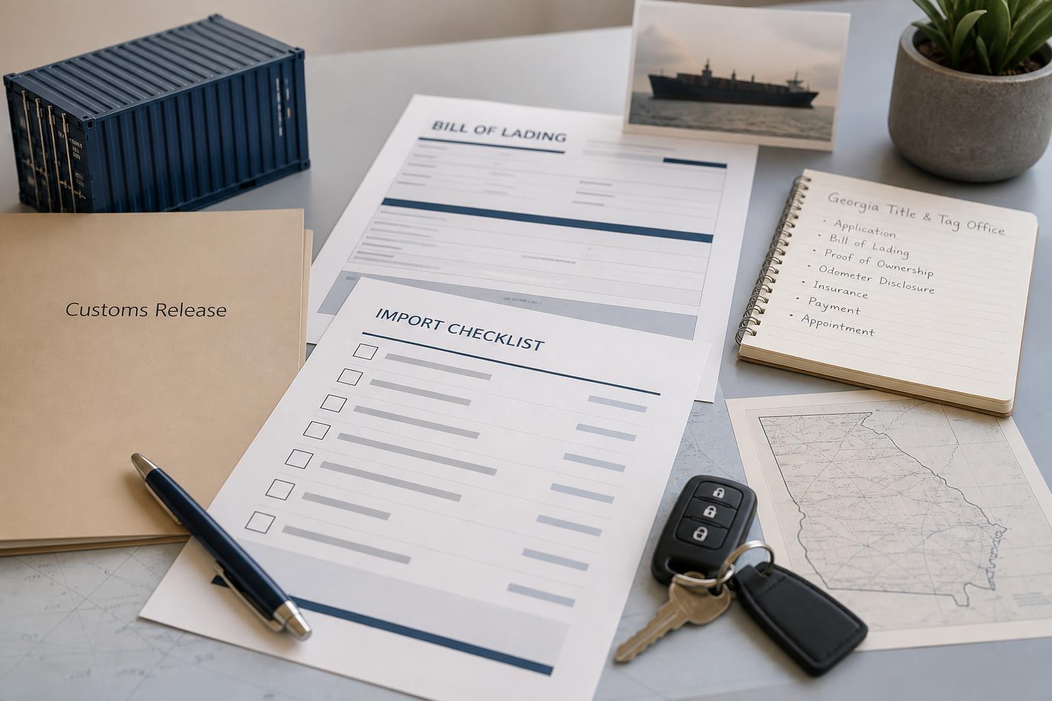 Georgia JDM import shipping documents, Customs release paperwork, county tag office title checklist, emissions planning notes, and registration timing
