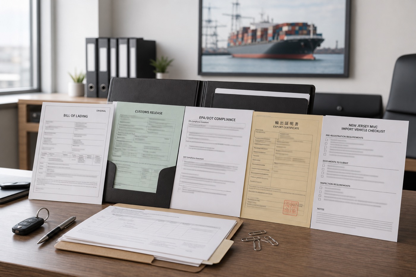 New Jersey JDM import shipping documents, Customs release paperwork, MVC title checklist, inspection notes, and registration planning