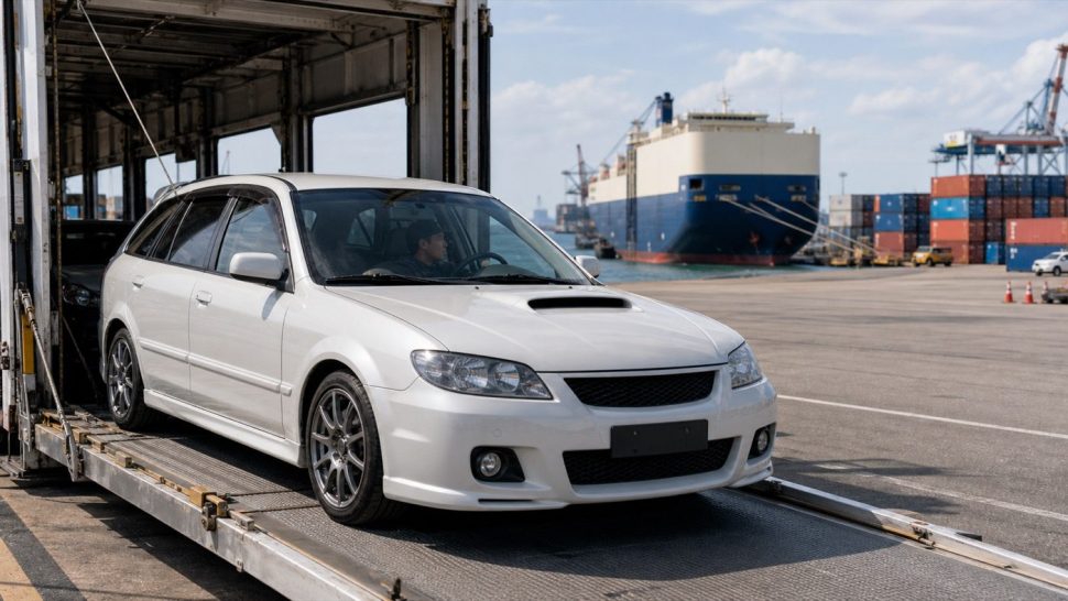 Right-hand-drive JDM vehicle arriving near a New Jersey port for international shipping and registration planning