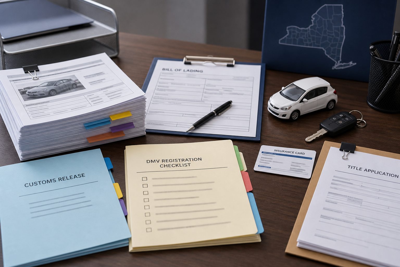New York JDM import shipping documents, Customs release paperwork, DMV title checklist, inspection notes, and registration planning