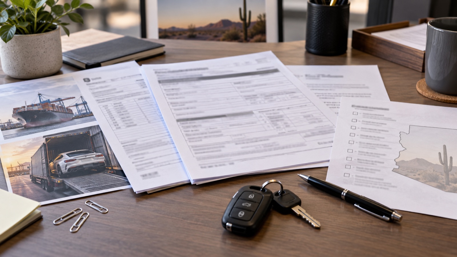 Arizona JDM import registration planning documents, Customs release paperwork, MVD title checklist, Level I inspection note, emissions checklist, and shipping timeline