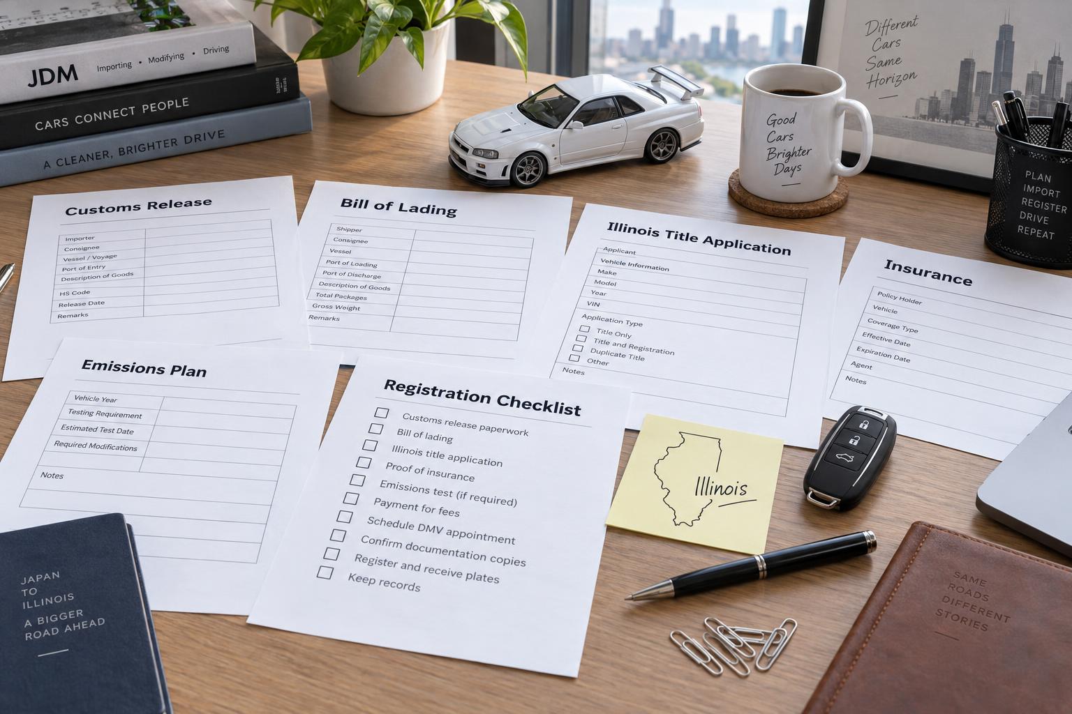 Illinois JDM import registration planning documents, Customs release paperwork, title application, tax forms, insurance, emissions checklist, and shipping timeline
