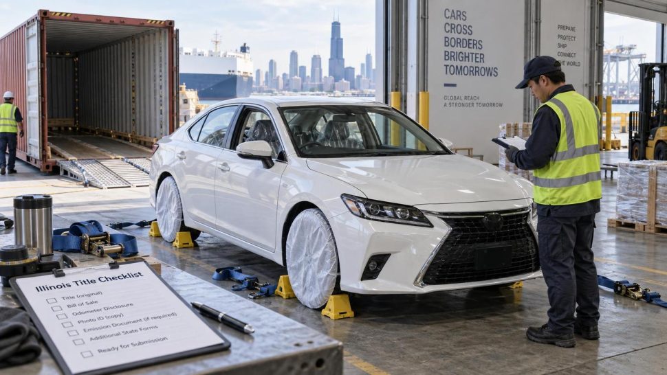 Right-hand-drive JDM vehicle prepared for international shipping to Illinois with registration planning checklist