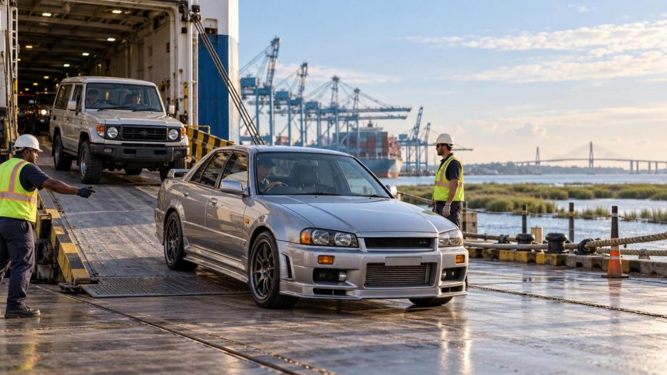 Right-hand-drive JDM vehicle arriving for North Carolina international shipping and registration planning