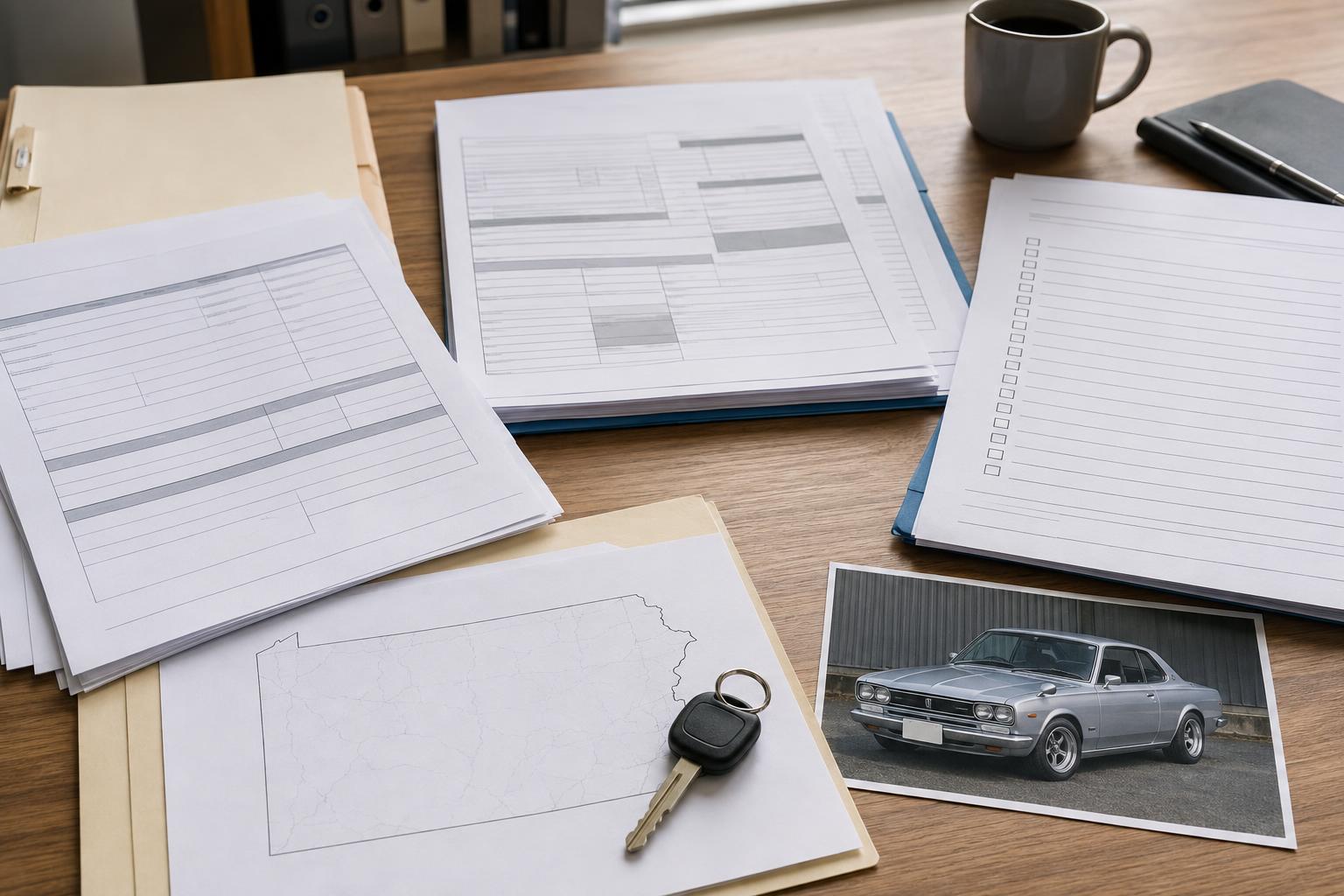 Pennsylvania JDM import registration planning documents, Customs release paperwork, PennDOT title checklist, enhanced inspection notes, and shipping timeline