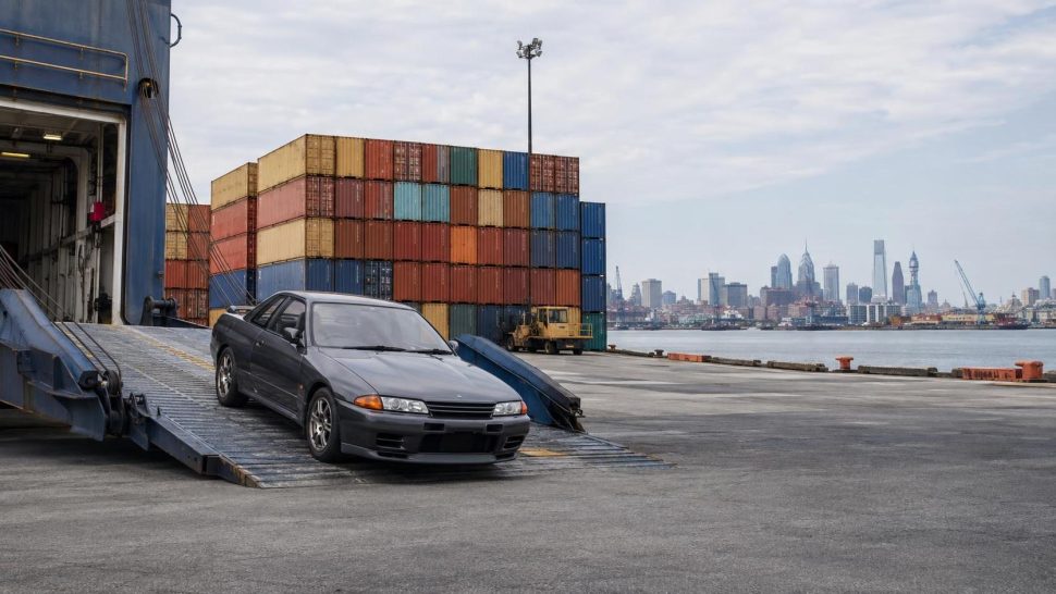 Right-hand-drive JDM vehicle arriving near Pennsylvania port for international shipping and registration planning