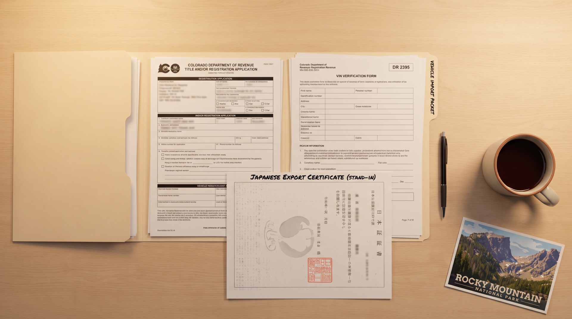 Colorado JDM import registration planning documents, CBP entry paperwork, Form DR 2395 title application, Form DR 2698 VIN verification, insurance, AirCare emissions planning, and shipping timeline