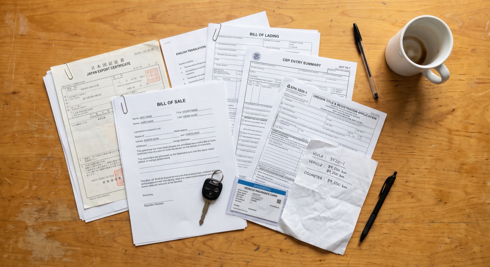 Oregon JDM import registration planning documents, CBP entry paperwork, Form 735-226 title application, VIN inspection checklist, insurance, DEQ emissions planning, and shipping timeline