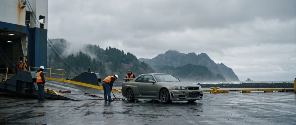Right-hand-drive JDM vehicle prepared for international shipping to Oregon with registration planning checklist